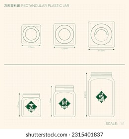 Nanyang Kopitiam Rectangular Plastic Jar Technical Drawing. Translation: (Title) Rectangular Plastic Jar, (Left) Lucky, (Middle) Fortune, (Right) Bliss