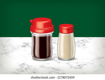 Nanyang Kopitiam Soy Sauce and Pepper Glass Bottle Realistic Illustration