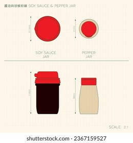 Dibujo Técnico de Salsa de Soy Nanyang Kopitiam y Botella de Pimienta. Traducción: (Título) Salsa de soja y botella de pimienta