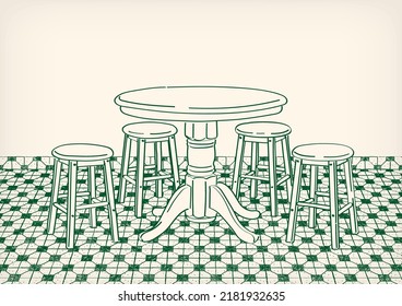 Nanyang Kopitiam Table and Chairs Doodle