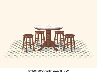 Nanyang Kopitiam Table and Chairs Flat Illustration