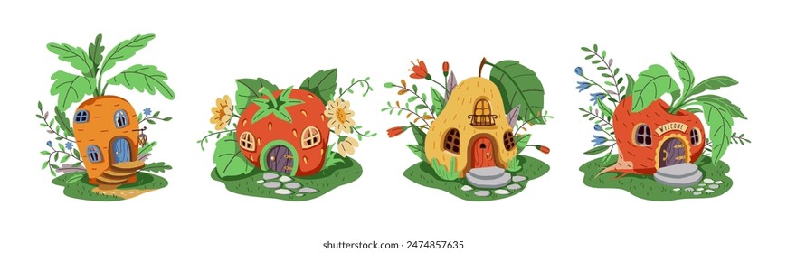 Naor magical gnome or fairy houses made of carrots, strawberries, pears and radishes. The house is on a green lawn decorated with flowers and leaves. The house has a wooden door and windows