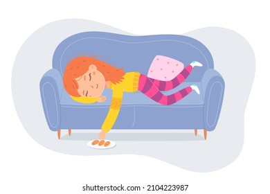 Nap Lazy Time For Kids Vector Illustration. Cartoon Daytime Sleep Of Cute Child, Preschool Girl Asleep On Couch Of Home Living Room, Child Lying On Sofa With Pillows And Sleeping Isolated On White