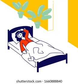 Nap Time Concept. Little Relaxed Girl Sleeping In Bed In Kindergarten Or Elementary School Afternoon. Kid Rest And Relaxing, Snooze And Kip In Bedchamber. Cartoon Flat Vector Illustration, Line Art