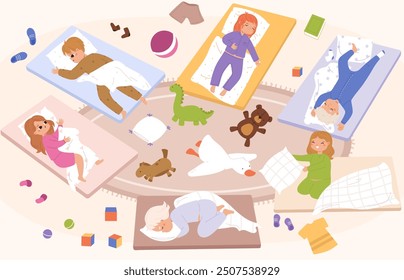 Nap time kid. Children sleeping in kindergarten or in camp. Nursery room with dreaming kids on mattresses, toys and clothes, snugly vector scene