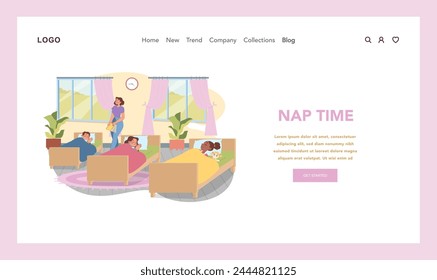 Nap time in kindergarten. Serene children resting under the watchful eye of caring teacher. Peaceful and calm classroom setting for rejuvenation in nursery school. Flat vector illustration