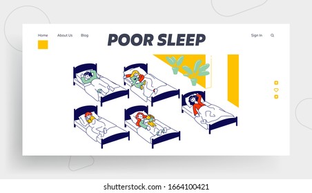 Nap Time in Kindergarten Website Landing Page. Group of Little Girls and Boys Sleeping in Beds. Children Have Afternoon Rest, Daytime Sleep Web Page Banner. Cartoon Flat Vector Illustration, Line Art