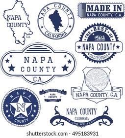 Napa county, California. Set of generic stamps and signs including Napa county map and seal elements.