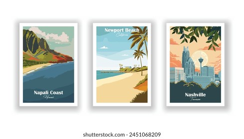 Napali Coast, Hawaii, Nashville, Tennessee, Newport Beach, California - Vintage travel poster. Vector illustration. High quality prints