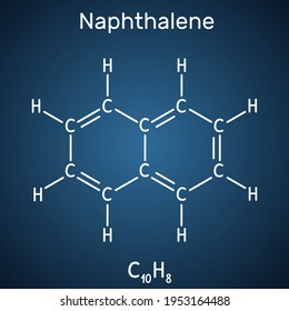 Naphthalene molecule. It is aromatic hydrocarbon comprising two fused benzene rings. Skeletal chemical formula on the dark blue background. Vector illustration