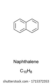 Naphthalene skeletal formula and molecular structure. The simplest polycyclic aromatic hydrocarbon, PAH, main ingredient of traditional mothballs. Structural formula. Illustration over white. Vector.