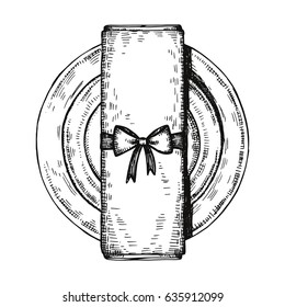 Napkin with bow on plate with hand drawing vector