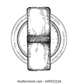 Napkin with bow on a plate hand drawing illustration