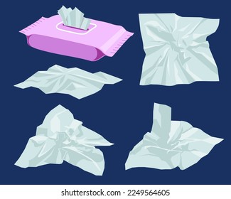 Napkin Box. Tissue box white tissue. Facial tissue holder. The crumpled napkin lies. Trash in flat vector illustration. Used napkin or crumpled paper isolated on blue background. Cold or flu seasonal