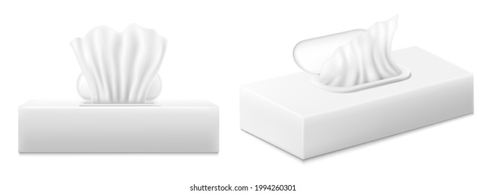 Cajas de servilletas. Conjunto de etiqueta en blanco de la servilleta de tejidos blancos y sin texto para burlarse de los envases aislados en blanco. Toalla de papel y sobres mojados antibacterianos desechables, vector 3d realista