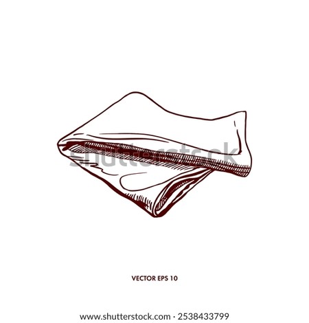 Napkin folded lying. Kitchen towel. Hand drawn vector illustration in graphic style. For design menu, recipes, cookbooks, table setting.