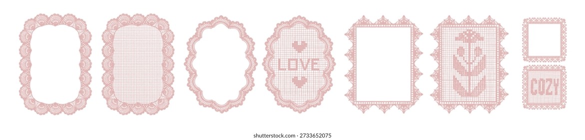 Napkin frame set, hand drawn romantic crochet doily border, holiday lace decoration coquettish print. Elegant whimsical pink design object, doodle coquettish background. Valentine love napkin frame 