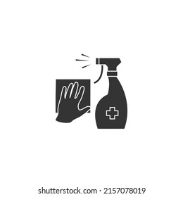 Napkin In Hand. Spraying Antibacterial Sanitizing Spray. Disinfect Surfaces Icon Vector Silhouette Style. Icon For Web Design, Apps, Sticker, Banner, Poster, Printing Usage And Part Of Logo.