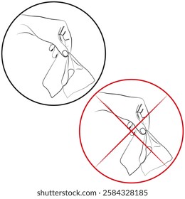 Napkin in hand vector illustration. Hand with cleaning napkin icon. Do not throw garbage sign. Wet tissue, wash, hygiene, disinfection, hand tissues line graphics. Wipe surface drawing on white.