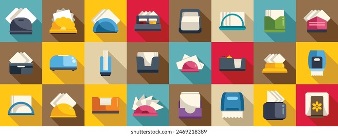 Napkin holder icons set vector. A collection of various items such as napkins, tissues, and paper towels. The image is a colorful and vibrant display of different shapes and sizes