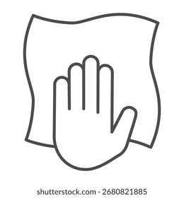 Napkin with human hand thin line icon, washing concept. Vector graphics. Hand with cloth, wash sign on white background, outline style icon for mobile or web design