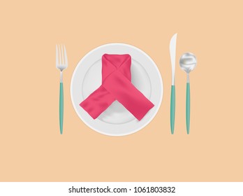 napkin on plate with fork spoon and knife as a concept in table setting.vector, illustration.