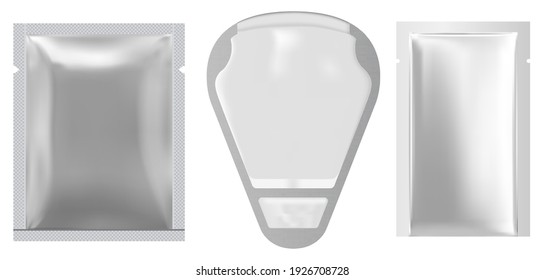 Napkin package. Face mask sachet mockup. Silver packet, wet wipe pack. Foil pouch design mock up, 3d vector. Small flex antibacterial nutrition packaging blank, retail? realistic sample