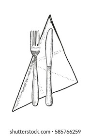 §triangular napkin sketch with cutlery. knife and fork vector illustration