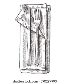 napkin sketch with cutlery. knife and fork vector