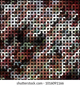 Napkin texture design on black. Composite overlay of checkered pattern and floral four-petal elements. Colored Vector for paper packaging, textile design, covers
