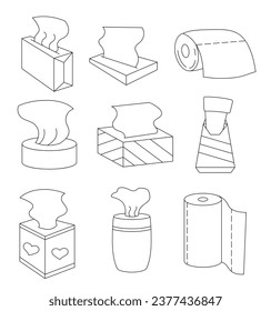 Napkin and toilet paper. Coloring Page. Tissue box with a sheet half pulled out. Hand drawn style. Vector drawing. Collection of design elements.