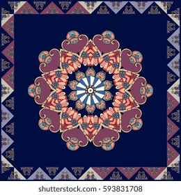 Napkin. Vector template. Flower mandala and ornamental border from triangles. Square ethnic rug.