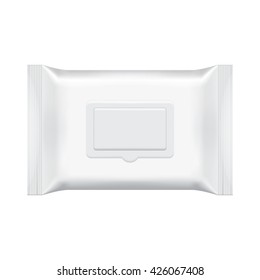 Napkin wrap. Wet cosmetic wipes package with plastic flap isolated on white background. Enclosed blank hygiene antibacterial moist napkin package mockup ready for brand design vector illustration
