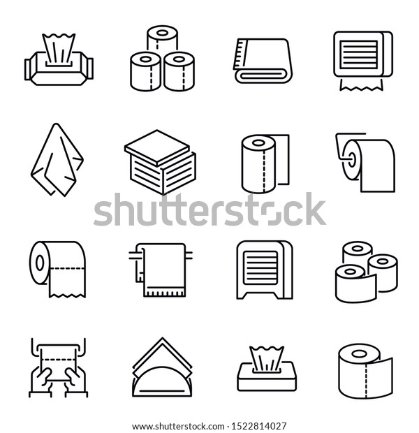 Napkins and toilet paper vector linear icons\
set. Bathroom accessories thin line illustrations pack. Toilet\
hygiene goods. Disposable napkin, towel, lavatory paper roll\
isolated clipart\
collection