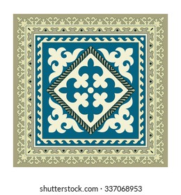 Napkin/shawl with colorful ornaments common rich Asian countries (Kirghiz / Kazakh / ethnicity). Multicolored patterns. At the edge of the square wave ornaments, flowers (tulip)
