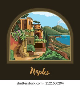 Naples, Campania, Italy. Vector Illustration. View From The Window Of The Volcano Vizuvius In Naples. Imitation Of Painting In Vector