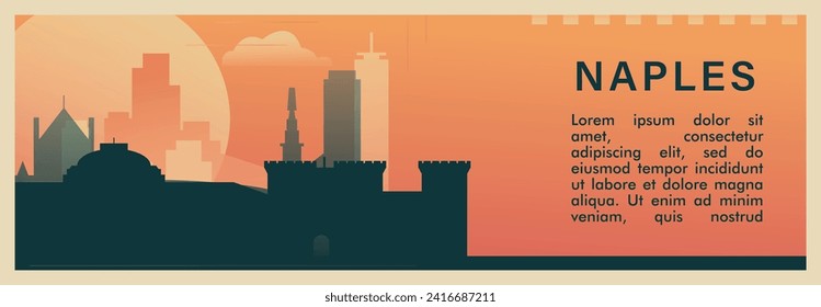 Banner vectorial del brutalismo de la ciudad de Nápoles con horizonte, paisaje urbano. Ilustración horizontal de la ciudad italiana, disposición de viaje para presentación web, encabezado, pie de página