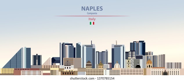 Naples city skyline on colorful gradient beautiful day sky background with flag of Italy. Vector illustration