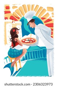 Napoli-Illustration mit Chefkoch, der Pizza für hübsches Mädchen in der Nähe von Schloss und Platz serviert