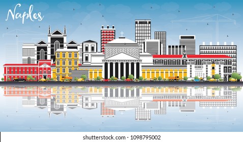 Naples Italy City Skyline with Color Buildings, Blue Sky and Reflections. Vector Illustration. Business Travel and Tourism Concept with Modern Architecture. Naples Cityscape with Landmarks.