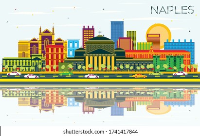 Naples Italy City Skyline with Color Buildings, Blue Sky and Reflections. Vector Illustration. Business Travel and Tourism Concept with Modern Architecture. Naples Cityscape with Landmarks.