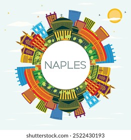 Naples Italy City Skyline with Color Buildings, Blue Sky and copy space. Vector Illustration. Business Travel and Tourism Concept with Modern Architecture. Naples Cityscape with Landmarks.