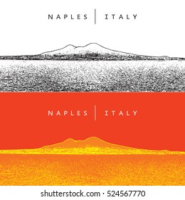 Naples, Italy. Panoramic view and volcano Vesuvius. Vector illustration. Famous landmarks, touristic places, scenic landscapes.