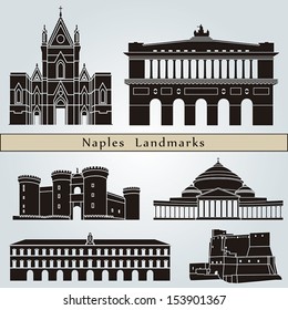 Naples landmarks and monuments isolated on blue background in editable vector file