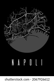 Naples map vector black poster. Round circular view, street map of Naples city illustration. Cityscape area panorama silhouette aerial view, typography style. Land, river, highways, avenue.