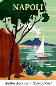 Naples Retro Poster Italia. Mediterranean sea sailboat, smoke volcano Vesuvius, coast, rock. Vector illustration postcard