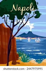 Naples Retro Poster Italia. Mediterranean sea, smoke volcano Vesuvius, coast, rock. Vector illustration postcard