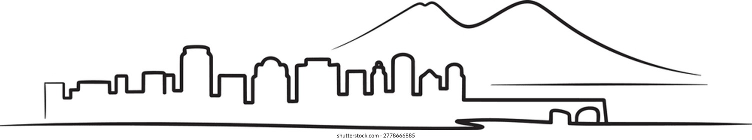 Naples skyline with mount vesuvius in the background in outline style for brush stroke and city. A black and white vector illustration depicting the Naples skyline. The iconic outline features buildi.