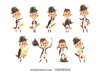 Napoleon Bonaparte cartoon character, French historical figure in different situations vector Illustration on a white background