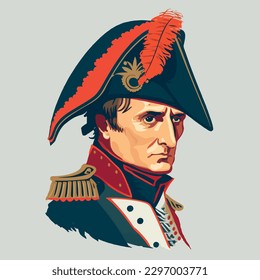 Ilustración de Napoleón Bonaparte y dibujo vectorial de un retrato uniformado y bicorne con plumas. Vista de ángulo lateral. Líder militar ambicioso, táctico capacitado, reformador, carismático.